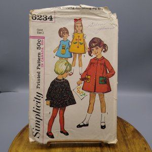 Vintage Sewing PATTERN Simplicity 6234, Child Girls Apron and Smock 1965, Size 2